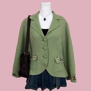 vintage 90s green girly preppy granola wool knit blazer jacket